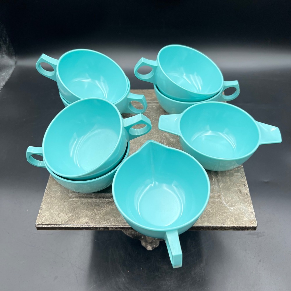Vintage Durawear Melmac 8 Piece Set Turquoise Blue 1960s Cups Creamer Sugar Bowl